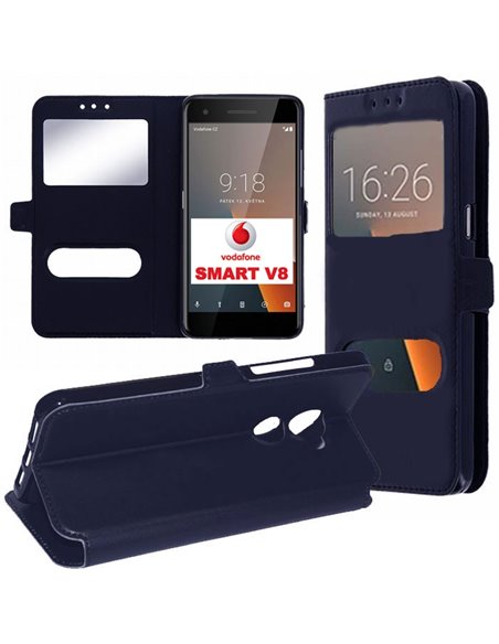 CUSTODIA per VODAFONE SMART V8 (VFD 710) - FLIP ORIZZONTALE SIMILPELLE CON INTERNO IN TPU E DOPPIA FINESTRA ID COLORE BLU SCURO