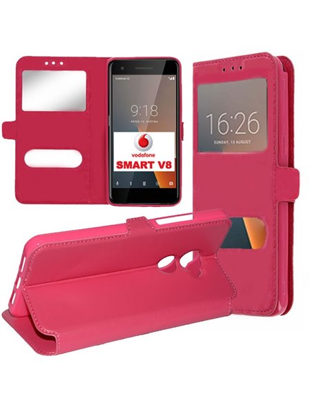 CUSTODIA per VODAFONE SMART V8 (VFD 710) - FLIP ORIZZONTALE SIMILPELLE CON INTERNO IN TPU E DOPPIA FINESTRA ID COLORE ROSA