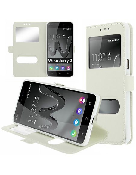 CUSTODIA per WIKO JERRY 2 - FLIP ORIZZONTALE SIMILPELLE CON INTERNO IN TPU SILICONE E DOPPIA FINESTRA ID COLORE BIANCO