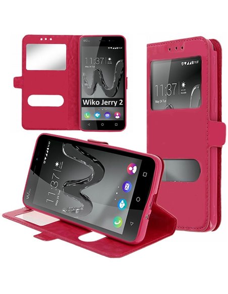 CUSTODIA per WIKO JERRY 2 - FLIP ORIZZONTALE SIMILPELLE CON INTERNO IN TPU SILICONE E DOPPIA FINESTRA ID COLORE ROSA