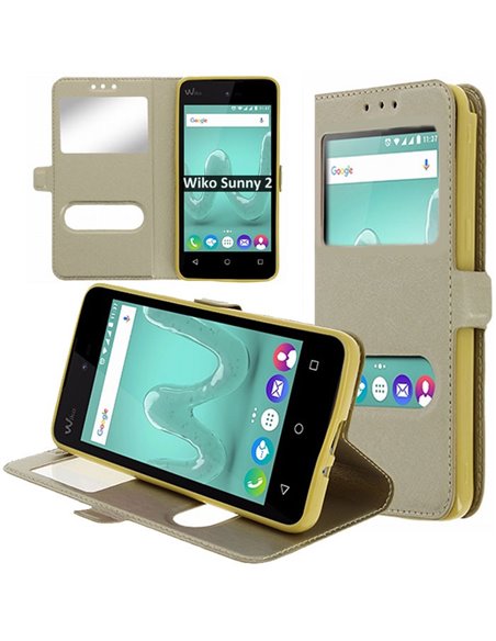 CUSTODIA per WIKO SUNNY 2 - FLIP ORIZZONTALE SIMILPELLE CON INTERNO IN TPU SILICONE E DOPPIA FINESTRA ID COLORE ORO