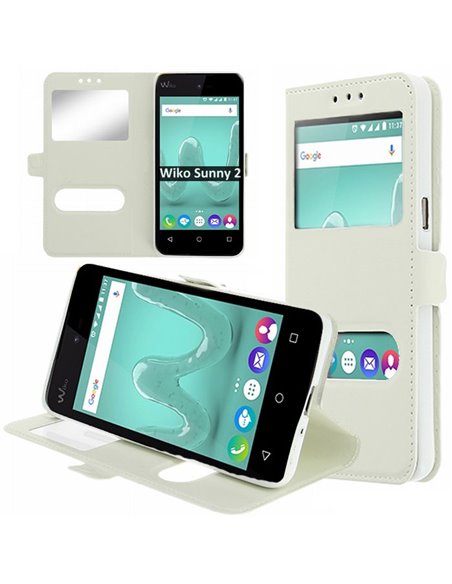 CUSTODIA per WIKO SUNNY 2 - FLIP ORIZZONTALE SIMILPELLE CON INTERNO IN TPU SILICONE E DOPPIA FINESTRA ID COLORE BIANCO