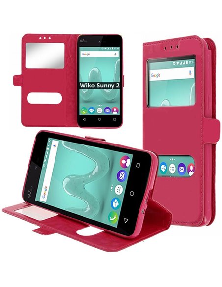 CUSTODIA per WIKO SUNNY 2 - FLIP ORIZZONTALE SIMILPELLE CON INTERNO IN TPU SILICONE E DOPPIA FINESTRA ID COLORE ROSA