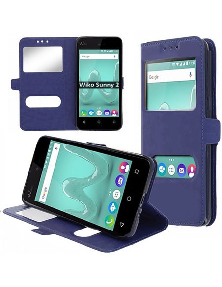 CUSTODIA per WIKO SUNNY 2 - FLIP ORIZZONTALE SIMILPELLE CON INTERNO IN TPU SILICONE E DOPPIA FINESTRA ID COLORE BLU SCURO