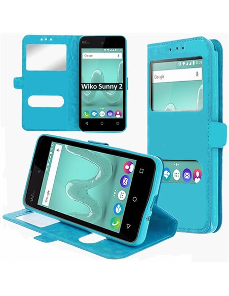 CUSTODIA per WIKO SUNNY 2 - FLIP ORIZZONTALE SIMILPELLE CON INTERNO IN TPU SILICONE E DOPPIA FINESTRA ID COLORE AZZURRO