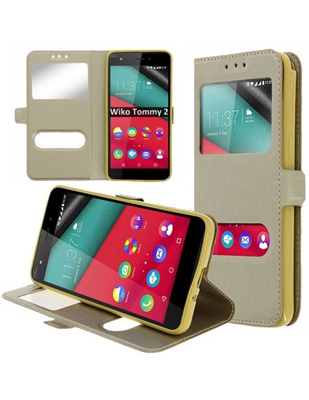 CUSTODIA per WIKO TOMMY 2 - FLIP ORIZZONTALE SIMILPELLE CON INTERNO IN TPU SILICONE E DOPPIA FINESTRA ID COLORE ORO