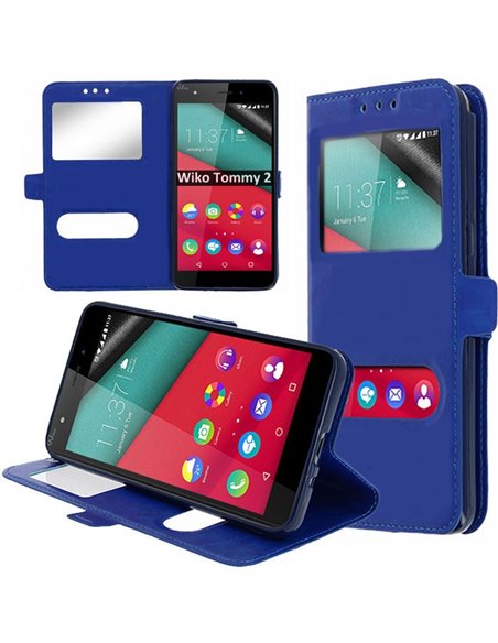 CUSTODIA per WIKO TOMMY 2 - FLIP ORIZZONTALE SIMILPELLE CON INTERNO IN TPU SILICONE E DOPPIA FINESTRA ID COLORE BLU