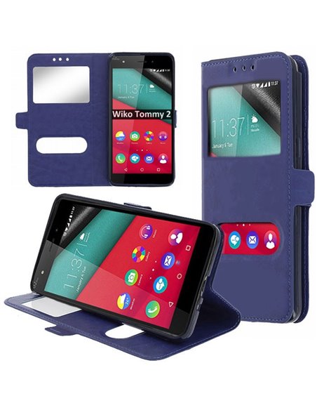 CUSTODIA per WIKO TOMMY 2 - FLIP ORIZZONTALE SIMILPELLE CON INTERNO IN TPU SILICONE E DOPPIA FINESTRA ID COLORE BLU SCURO