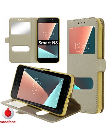 CUSTODIA per VODAFONE SMART N8 (VFD 610) - FLIP ORIZZONTALE SIMILPELLE CON INTERNO IN TPU E DOPPIA FINESTRA ID COLORE ORO