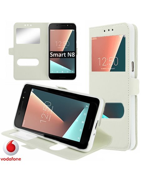 CUSTODIA per VODAFONE SMART N8 (VFD 610) - FLIP ORIZZONTALE SIMILPELLE CON INTERNO IN TPU E DOPPIA FINESTRA ID COLORE BIANCO