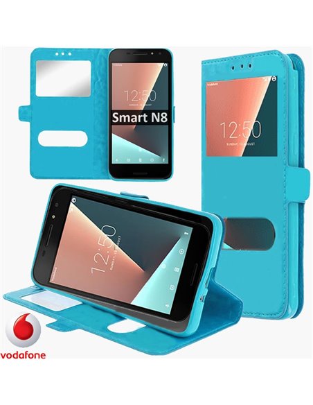 CUSTODIA per VODAFONE SMART N8 (VFD 610) - FLIP ORIZZONTALE SIMILPELLE CON INTERNO IN TPU E DOPPIA FINESTRA ID COLORE AZZURRO