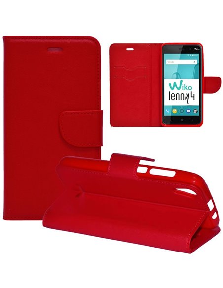 CUSTODIA per WIKO LENNY 4 - FLIP ORIZZONTALE SIMILPELLE CON INTERNO IN TPU SILICONE, STAND E TASCHE PORTA CARTE COLORE ROSSO