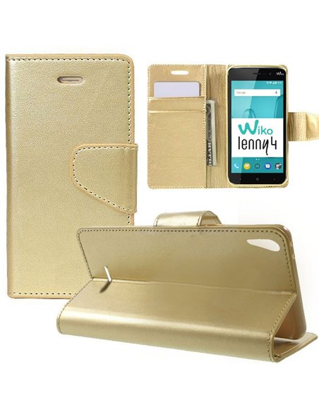 CUSTODIA per WIKO LENNY 4 - FLIP ORIZZONTALE SIMILPELLE CON INTERNO IN TPU SILICONE, STAND E TASCHE PORTA CARTE COLORE ORO