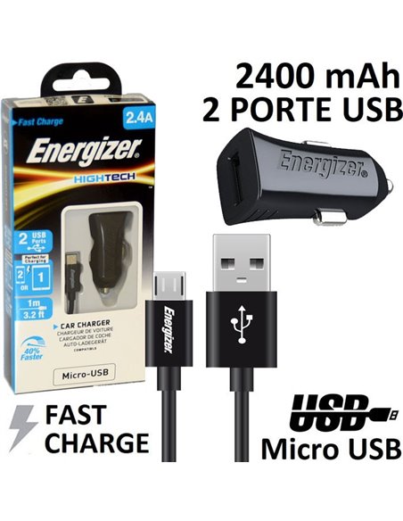 CARICATORE AUTO 2400mAh CON 2 PORTE USB + CAVO MICRO USB - FAST CHARGING (RICARICA VELOCE) COLORE NERO ENERGIZER DCA2BHMC3