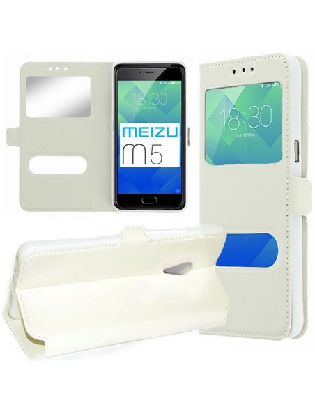 CUSTODIA per MEIZU M5 - FLIP ORIZZONTALE SIMILPELLE CON INTERNO IN TPU E DOPPIA FINESTRA ID COLORE BIANCO