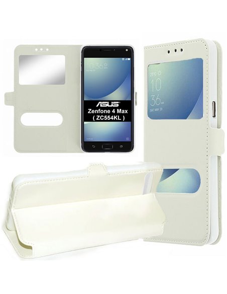 CUSTODIA per ASUS ZENFONE 4 MAX (ZC554KL), 5.5' - FLIP ORIZZONTALE SIMILPELLE CON INTERNO IN TPU E DOPPIA FINESTRA ID COLORE BIA