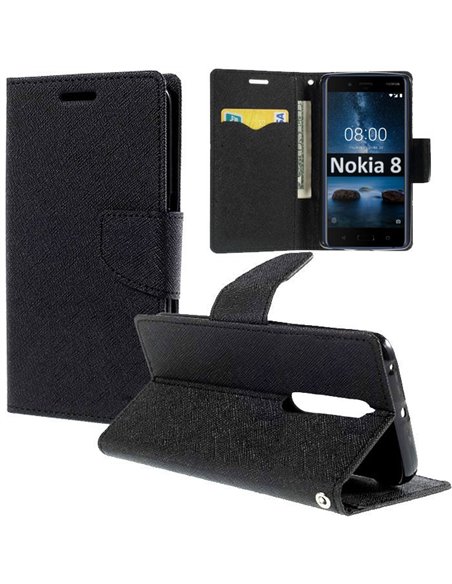 CUSTODIA per NOKIA 8 - FLIP ORIZZONTALE CON INTERNO IN TPU, STAND, PORTA CARTE E CHIUSURA MAGNETICA COLORE NERO