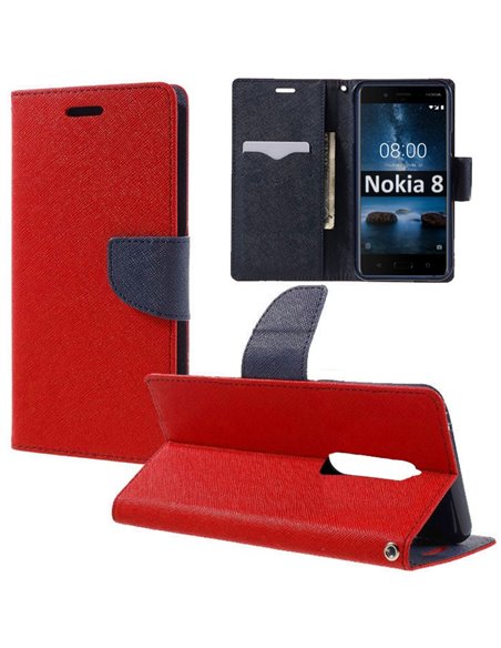 CUSTODIA per NOKIA 8 - FLIP ORIZZONTALE CON INTERNO IN TPU, STAND, PORTA CARTE E CHIUSURA MAGNETICA COLORE ROSSO