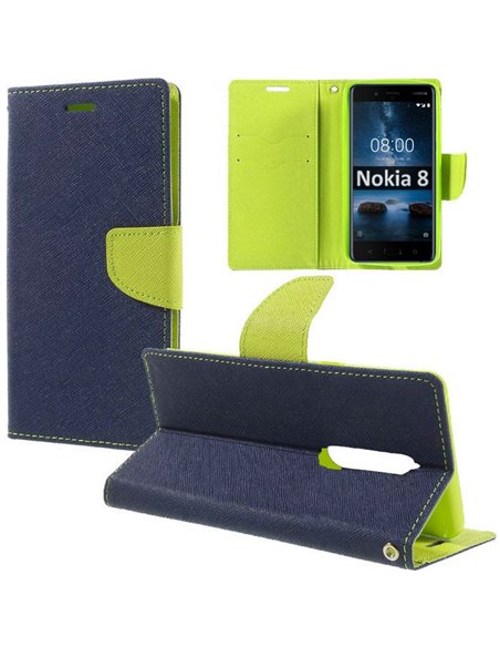 CUSTODIA per NOKIA 8 - FLIP ORIZZONTALE CON INTERNO IN TPU, STAND, PORTA CARTE E CHIUSURA MAGNETICA COLORE BLU