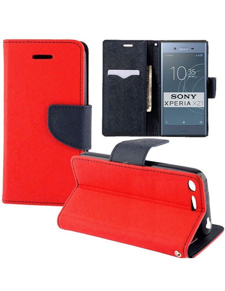 CUSTODIA per SONY XPERIA XZ1 - FLIP ORIZZONTALE CON INTERNO IN TPU SILICONE, STAND E TASCHE PORTA CARTE COLORE ROSSO