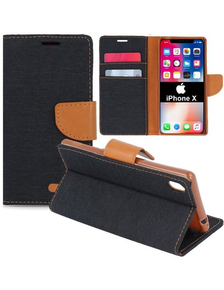 CUSTODIA per APPLE IPHONE X, IPHONE XS (5.8') - FLIP ORIZZONTALE CON INTERNO IN TPU SILICONE E STAND COLORE NERO EFFETTO JEANS