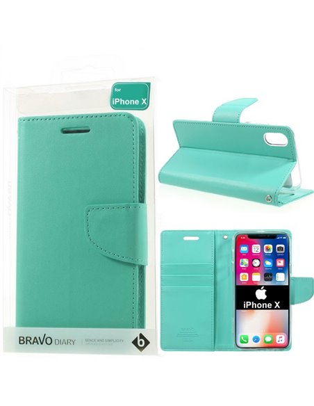 CUSTODIA per APPLE IPHONE X, IPHONE XS (5.8') - FLIP ORIZZONTALE SIMILPELLE CON INTERNO IN TPU E STAND VERDE ACQUA BRAVO MERCURY