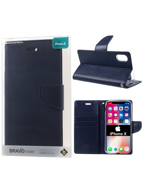 CUSTODIA per APPLE IPHONE X, IPHONE XS (5.8') - FLIP ORIZZONTALE SIMILPELLE CON INTERNO IN TPU E STAND BLU BRAVO MERCURY BLISTER