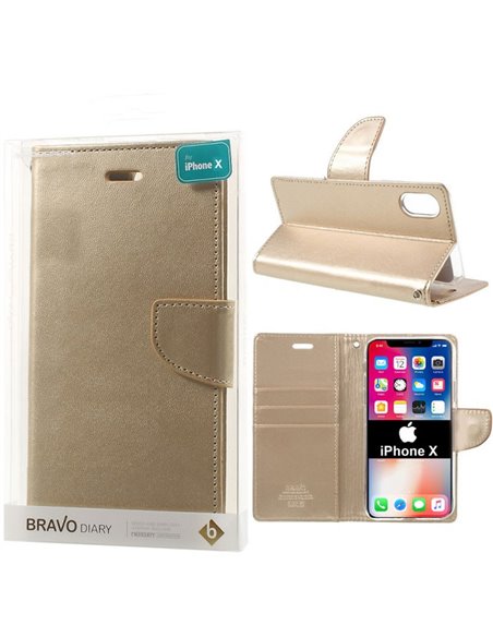 CUSTODIA per APPLE IPHONE X, IPHONE XS (5.8') - FLIP ORIZZONTALE SIMILPELLE CON INTERNO IN TPU E STAND ORO BRAVO MERCURY BLISTER