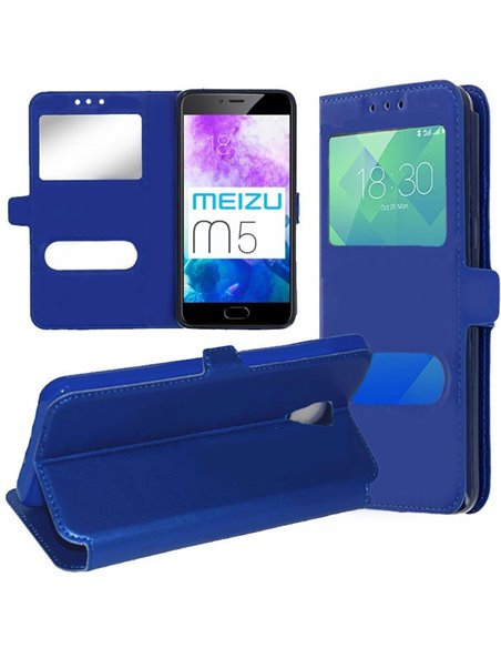 CUSTODIA per MEIZU M5 - FLIP ORIZZONTALE SIMILPELLE CON INTERNO IN TPU E DOPPIA FINESTRA ID COLORE BLU