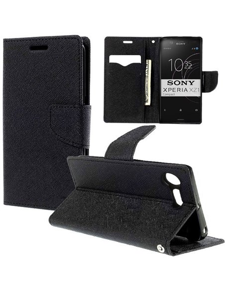 CUSTODIA per SONY XPERIA XZ1 COMPACT - FLIP ORIZZONTALE CON INTERNO IN TPU, STAND, PORTA CARTE E CHIUSURA MAGNETICA COLORE NERO