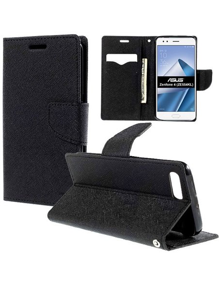 CUSTODIA per ASUS ZENFONE 4 (ZE554KL) - 5.5' POLLICI - FLIP ORIZZONTALE CON INTERNO IN TPU, STAND E PORTA CARTE COLORE NERO