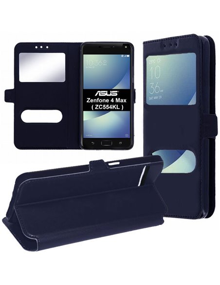 CUSTODIA per ASUS ZENFONE 4 MAX (ZC554KL), 5.5' - FLIP ORIZZONTALE SIMILPELLE CON INTERNO IN TPU E DOPPIA FINESTRA ID COLORE BLU