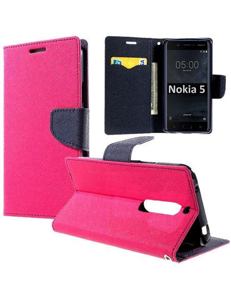 CUSTODIA per NOKIA 5, NOKIA 5 DUAL SIM - FLIP ORIZZONTALE CON INTERNO IN TPU, STAND, PORTA CARTE E CHIUSURA MAGNETICA COLORE FUC