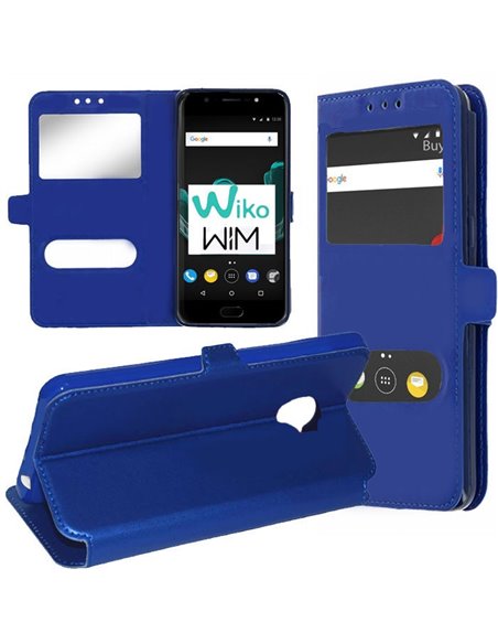 CUSTODIA per WIKO WIM (5.5' POLLICI) FLIP ORIZZONTALE SIMILPELLE CON INTERNO IN TPU SILICONE E DOPPIA FINESTRA ID COLORE BLU