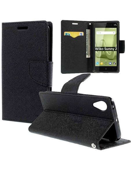 CUSTODIA per WIKO SUNNY 2 - FLIP ORIZZONTALE CON INTERNO IN TPU, STAND, TASCHE PORTA CARTE E CHIUSURA MAGNETICA COLORE NERO