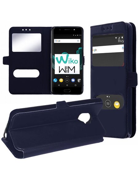 CUSTODIA per WIKO WIM (5.5' POLLICI) FLIP ORIZZONTALE SIMILPELLE CON INTERNO IN TPU E DOPPIA FINESTRA ID COLORE BLU SCURO