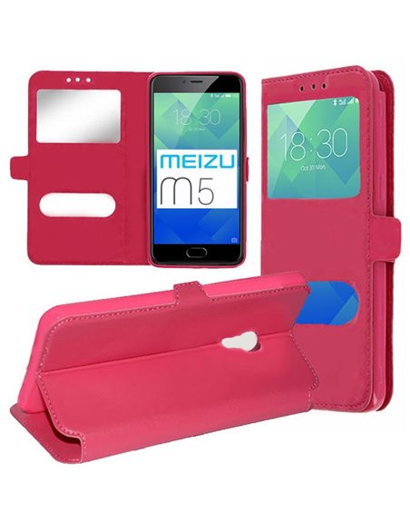 CUSTODIA per MEIZU M5 - FLIP ORIZZONTALE SIMILPELLE CON INTERNO IN TPU E DOPPIA FINESTRA ID COLORE ROSA