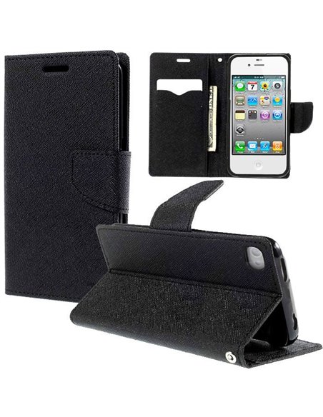 CUSTODIA per APPLE IPHONE 4, IPHONE 4s - FLIP ORIZZONTALE CON INTERNO IN TPU, STAND, PORTA CARTE E CHIUSURA MAGNETICA COLORE NER