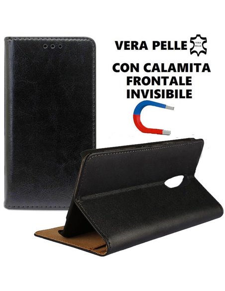 CUSTODIA per NOKIA 3, NOKIA 3 DUAL SIM - FLIP ORIZZONTALE VERA PELLE CON CHIUSURA MAGNETICA INVISIBILE E INTERNO IN TPU NERO