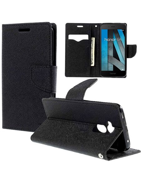 CUSTODIA per HUAWEI HONOR 6A, HONOR 6A PRO - FLIP ORIZZONTALE SIMILPELLE CON INTERNO IN TPU, STAND E PORTA CARTE COLORE NERO