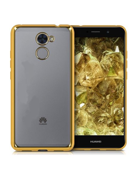 CUSTODIA per HUAWEI NOVA LITE PLUS, Y7, Y7 PRIME IN GEL TPU SILICONE TRASPARENTE CON CORNICE COLORE ORO