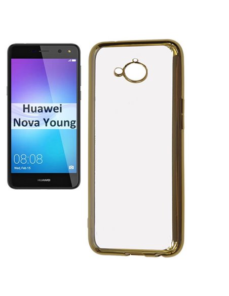 CUSTODIA per HUAWEI NOVA YOUNG, Y5 2017, Y6 2017 IN GEL TPU SILICONE TRASPARENTE CON CORNICE COLORE ORO