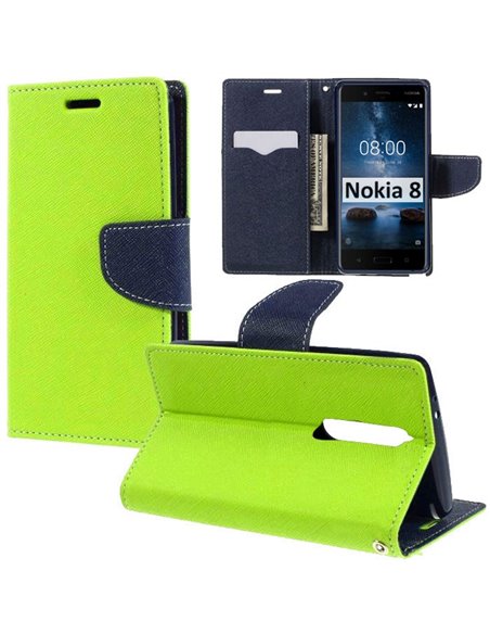 CUSTODIA per NOKIA 8 - FLIP ORIZZONTALE CON INTERNO IN TPU, STAND, PORTA CARTE E CHIUSURA MAGNETICA COLORE VERDE