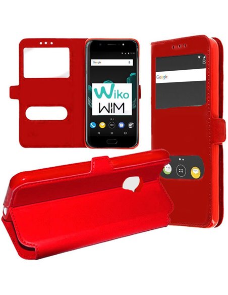 CUSTODIA per WIKO WIM (5.5' POLLICI) FLIP ORIZZONTALE SIMILPELLE CON INTERNO IN TPU SILICONE E DOPPIA FINESTRA ID COLORE ROSSO