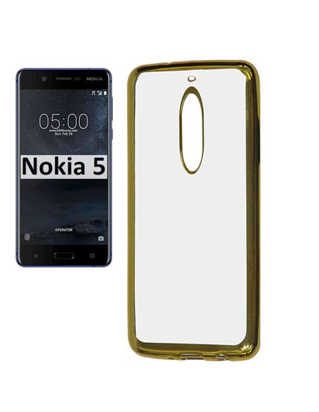 CUSTODIA per NOKIA 5, NOKIA 5 DUAL SIM IN GEL TPU SILICONE TRASPARENTE CON CORNICE COLORE ORO