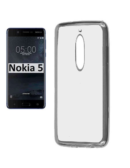 CUSTODIA per NOKIA 5, NOKIA 5 DUAL SIM IN GEL TPU SILICONE TRASPARENTE CON CORNICE COLORE SILVER