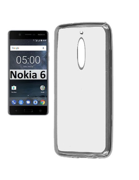 CUSTODIA per NOKIA 6 IN GEL TPU SILICONE TRASPARENTE CON CORNICE COLORE SILVER