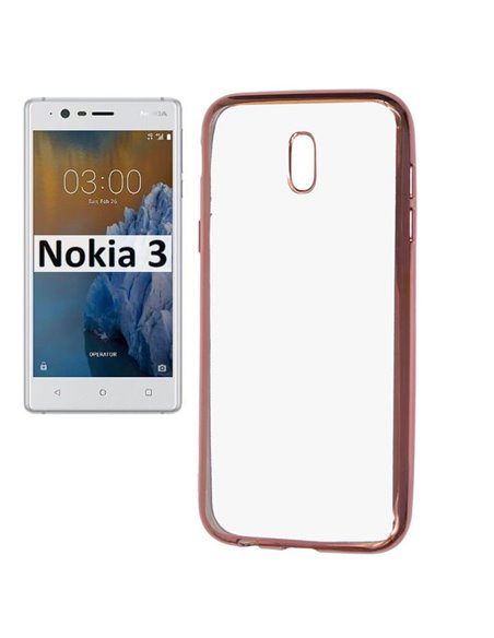 CUSTODIA per NOKIA 3, NOKIA 3 DUAL SIM IN GEL TPU SILICONE TRASPARENTE CON CORNICE COLORE ROSA ORO