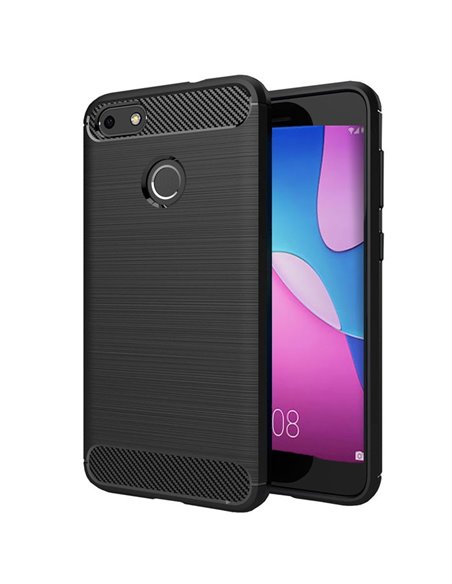 CUSTODIA per HUAWEI Y6 PRO 2017, P9 LITE MINI IN GEL TPU SILICONE EFFETTO METALLICO CON INSERTI IN FANTASIA CARBONIO COLORE NERO