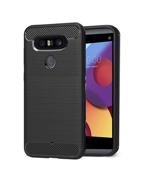 CUSTODIA per LG Q8 (H970) IN GEL TPU SILICONE EFFETTO METALLICO CON INSERTI IN FANTASIA CARBONIO COLORE NERO